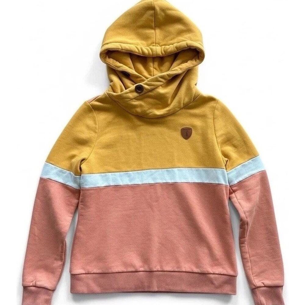 Wanakome Colorblock Hoodie Women XL Cowl Neck Pullover Yellow Orange Cozy